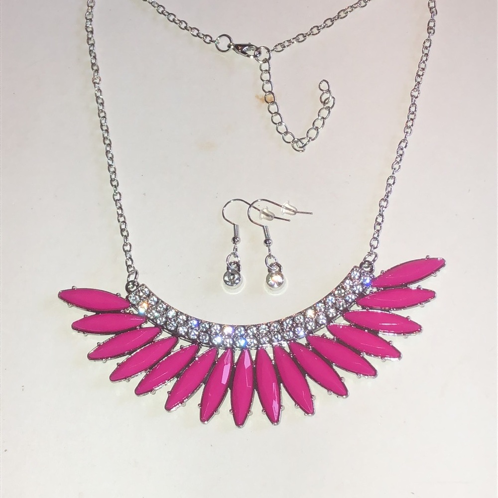 Silver Tone Pink Statement Bib Necklace with Rhinestone Accents and Earrings